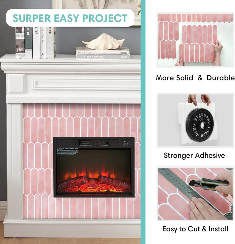 Commomy Thicker Pink Peel and Stick Tile Backsplash - 10 pcs of 12" x 12" - 3D Adhesive Peel and Stick Backsplash for Kitchen, Bathroom, Removable, Waterproof, Vinyl Wall Tile - Image 5